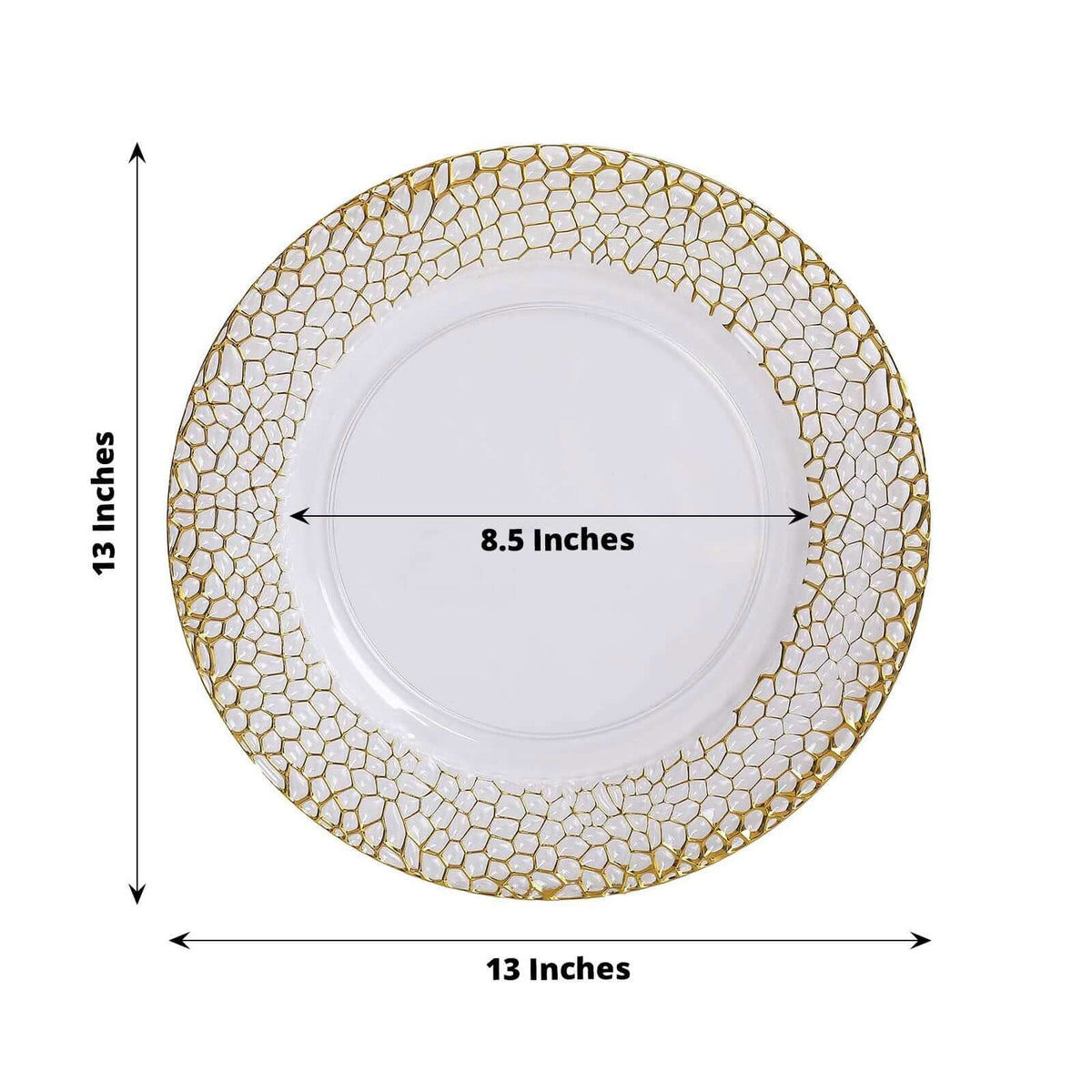 6-Pack Acrylic Charger Plates 13" Round Clear with Gold Hammered Rim - Decorative Plastic Charger Tableware